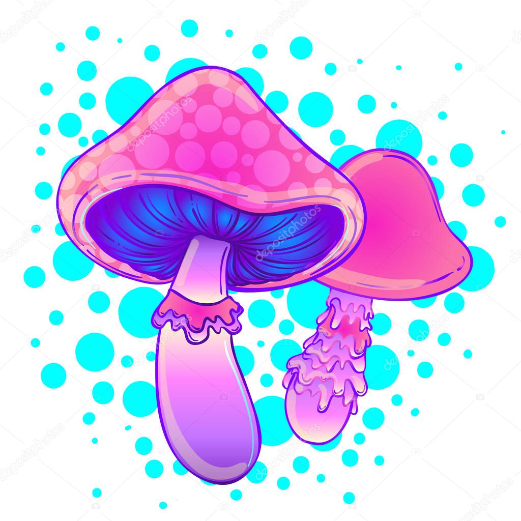 Magic mushrooms. Psychedelic hallucination. Vibrant vector illustration. 60s hippie colorful art. Decoration in ethnic boho style tattoo.