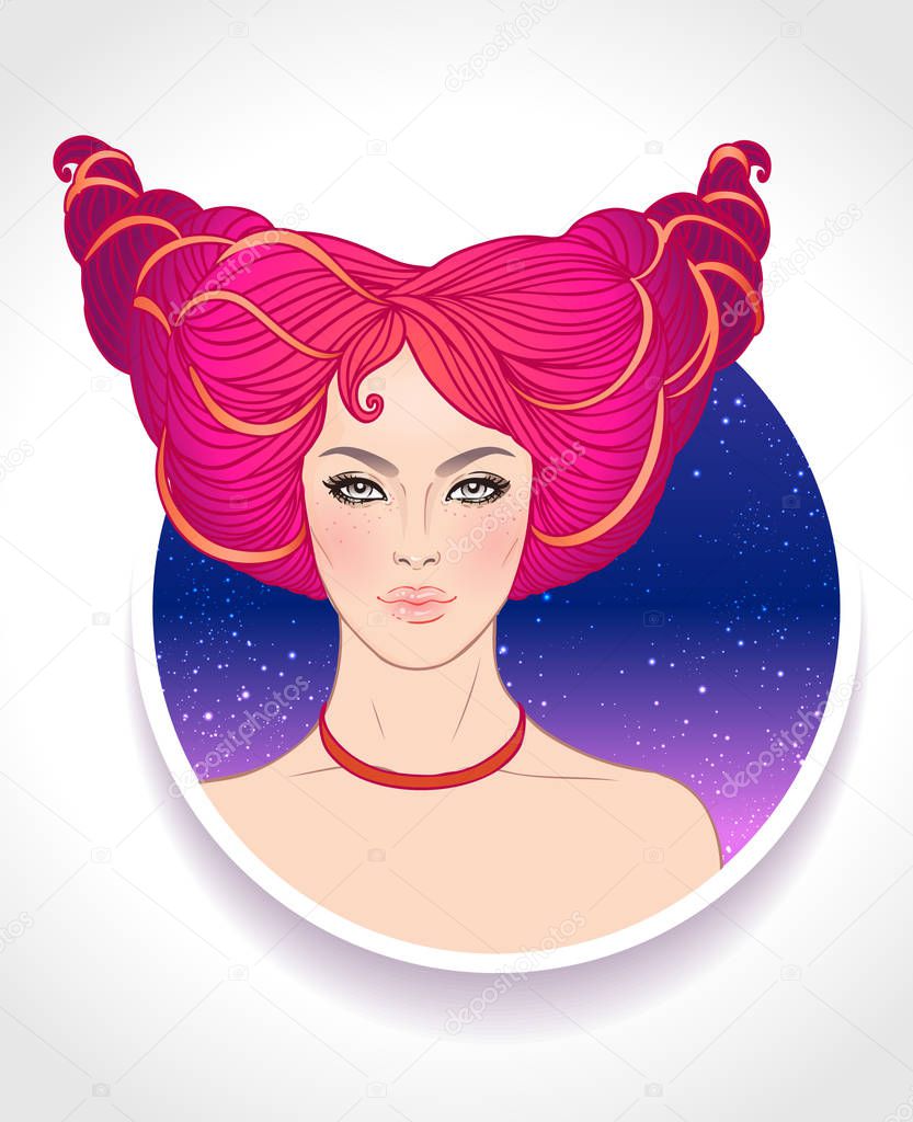 Illustration of Aries astrological sign as a beautiful girl. Zodiac vector illustration isolated on white. Future telling, horoscope, alchemy, spirituality, occultism