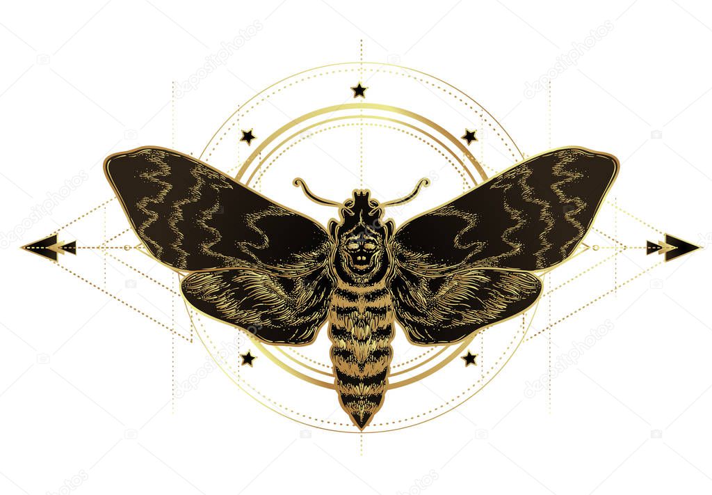 Golden moth over sacred geometry sign, isolated vector illustration. Tattoo flash. Mystical symbols and insects in gold. Alchemy, occultism, spirituality.