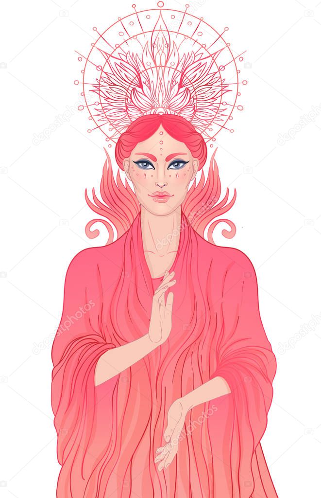 Lady of Sorrow. Devotion to the Immaculate Heart of Blessed Virgin Mary, Queen of Heaven. Vector illustration over halo or ornate mandala isolated.