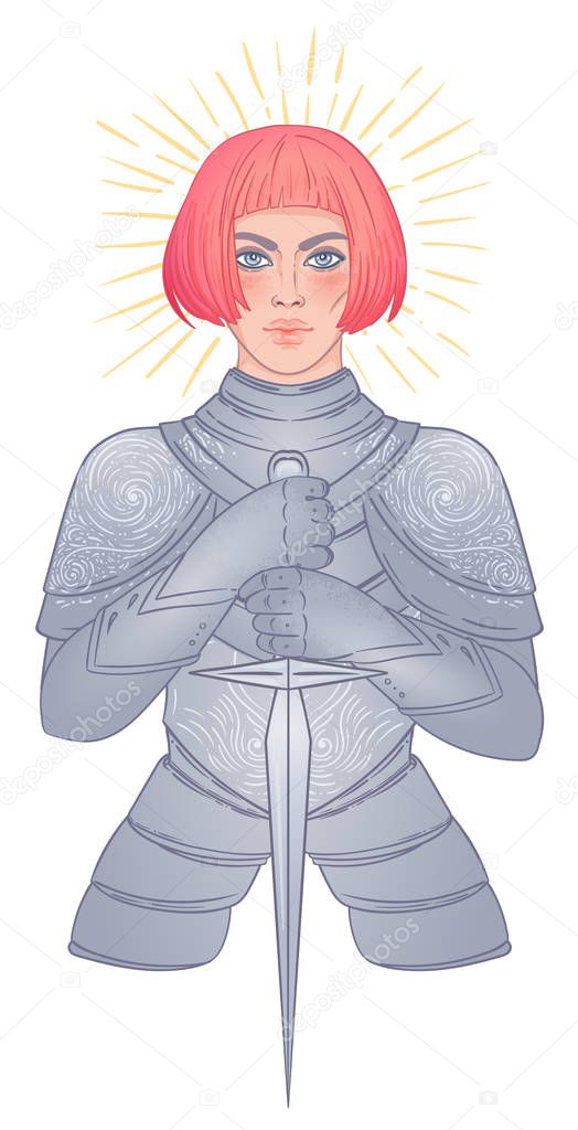Portrait of beautiful girl with a sword. Female knight in armour. Vector illustration. Medieval aesthetics. Girl power. Joan of Arc inspired.