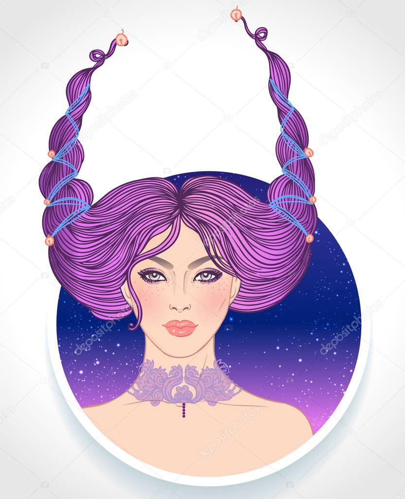 Illustration of Capricorn astrological sign as a beautiful girl. Zodiac vector illustration isolated on white. Future telling, horoscope, alchemy, spirituality, 
