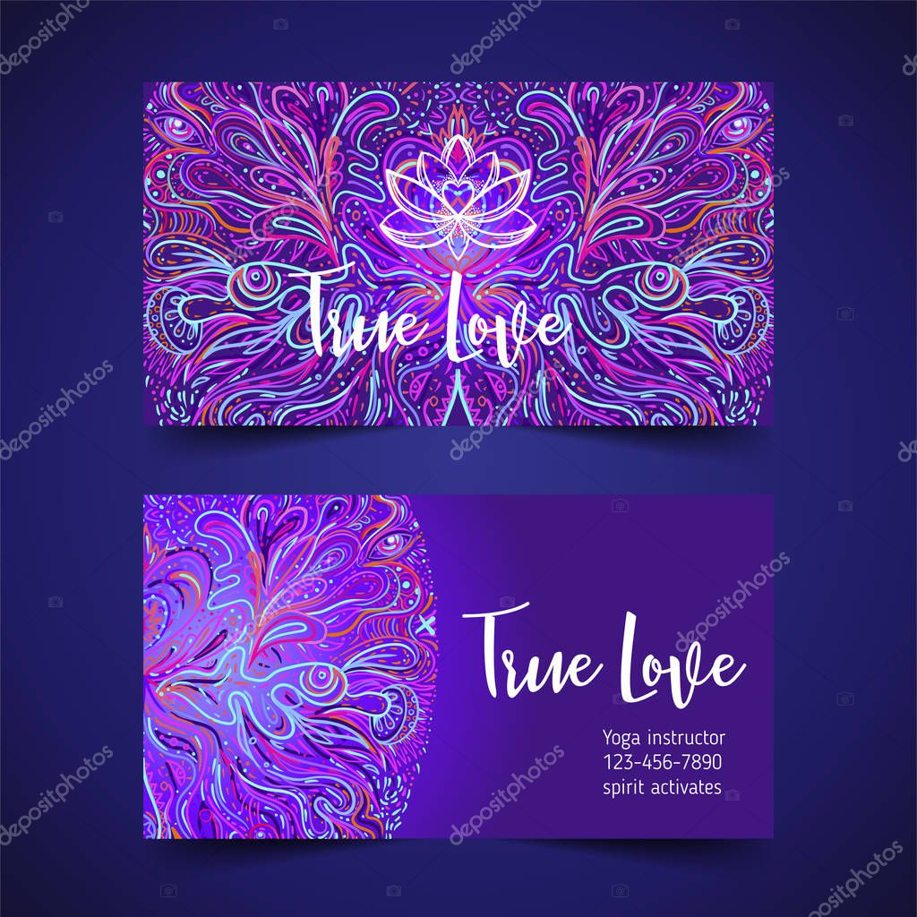 Yoga card, flyer, poster, mat design. Colorful neon template for spiritual retreat or yoga studio. Ornamental business cards, oriental pattern. Vector illustration. Sticker, patch, 60s hippie art.