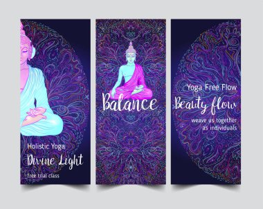 Yoga kartı, el ilanı, poster, paspas tasarımı. Ruhani inziva ya da yoga stüdyosu için renkli neon şablonlar. Süslü kartvizitler, oryantal desenler. Vektör illüstrasyonu.