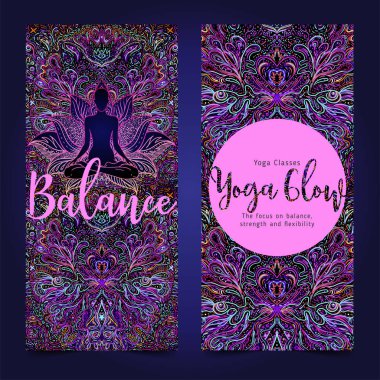 Yoga kartı, el ilanı, poster, paspas tasarımı. Ruhani inziva ya da yoga stüdyosu için renkli neon şablonlar. Süslü kartvizitler, oryantal desenler. Vektör illüstrasyonu.