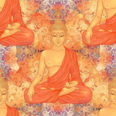 Buda 'nın başı pürüzsüz desen. Klasik dekoratif kompozisyon. Hint, Budizm, Ruhsal Ezoterik, Yoga, Maneviyat. Vektör illüstrasyonu.