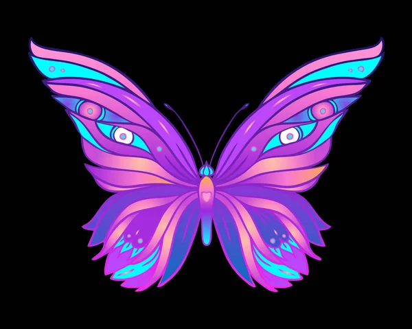 Hand drawn butterfly in bright neon colors.  Han drawing design — Διανυσματικό Αρχείο