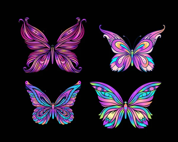 Handgezeichneter Schmetterling in leuchtenden Neonfarben. han Zeichnung Entwurf — Stockvektor