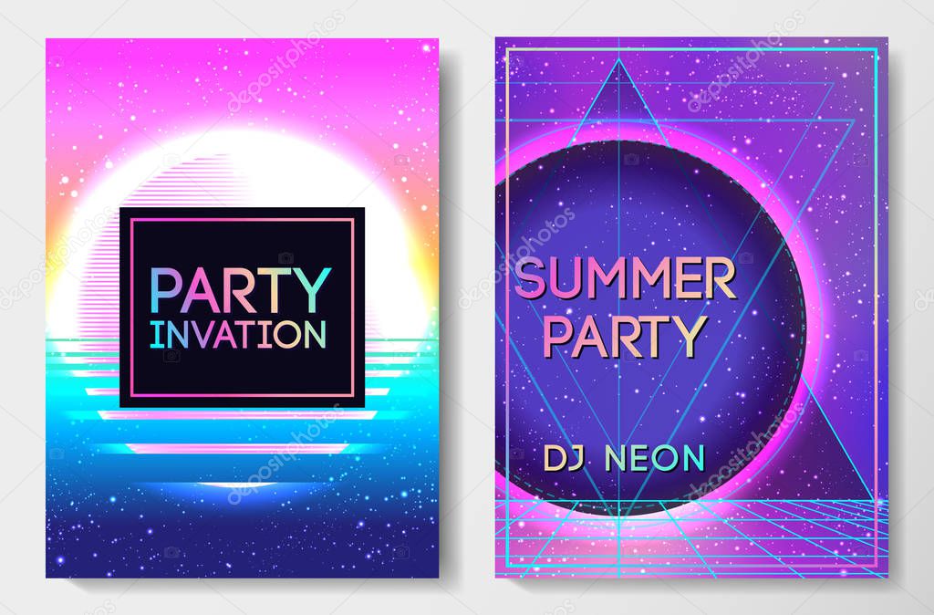 Futuristic retro wave style party flyer template