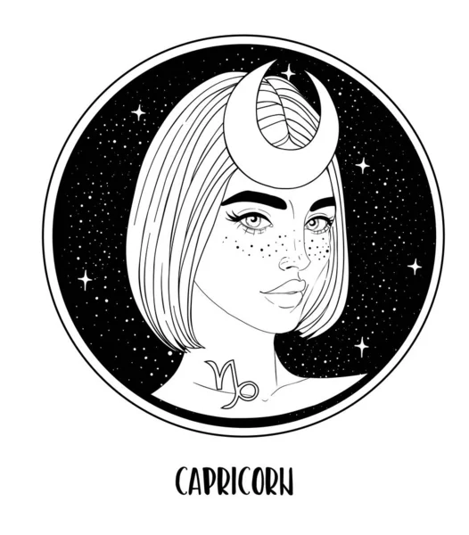 Ilustración de Capricornio signo astrológico como una hermosa niña. Dibujo vectorial del zodíaco aislado en blanco y negro. Futuro, horóscopo. Libro para colorear para adultos. — Vector de stock