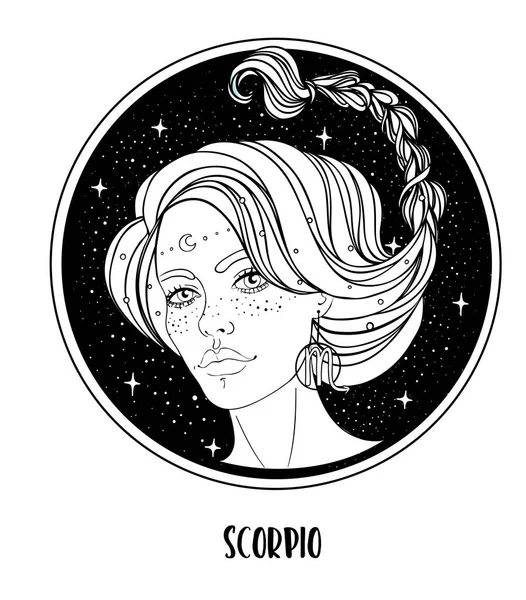 Ilustración de Escorpio signo astrológico como una chica hermosa. Dibujo vectorial del zodíaco aislado en blanco y negro. Futuro, horóscopo. Libro para colorear para adultos. — Archivo Imágenes Vectoriales