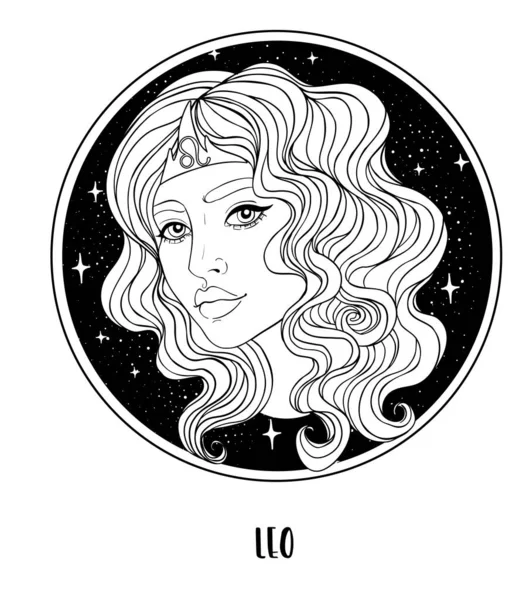 Illustration av Leo astrologiska tecken som en vacker flicka. Zodiac vektor ritning isolerad i svart och vitt. Framtiden talar, horoskop. Målarbok för vuxna. — Stock vektor