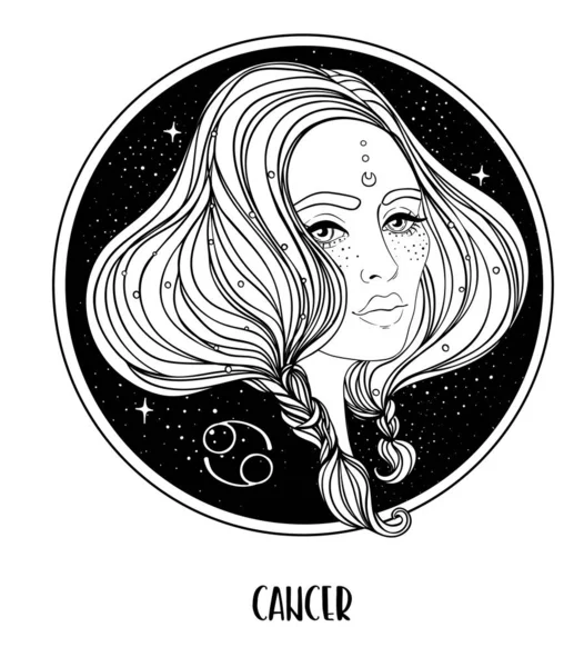 Ilustração do Câncer signo astrológico como uma menina bonita. Desenho vetorial do zodíaco isolado em preto e branco. Contação futura, horóscopo. Livro para colorir para adultos. — Vetor de Stock