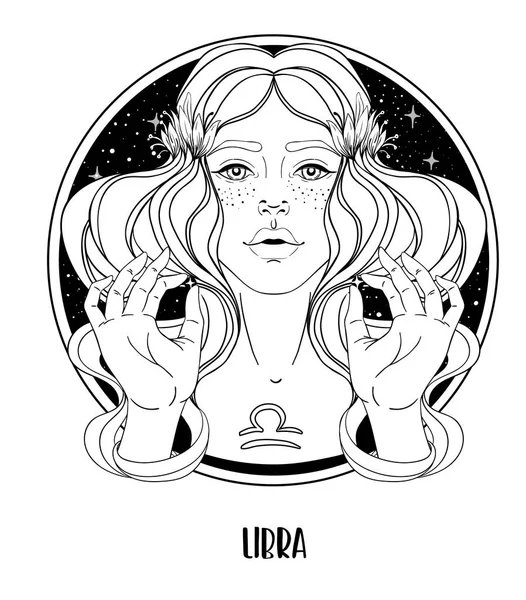 Illustrazione del segno astrologico Bilancia come una bella ragazza. Disegno vettoriale zodiacale isolato in bianco e nero. Racconto futuro, oroscopo. Libro da colorare per adulti. — Vettoriale Stock