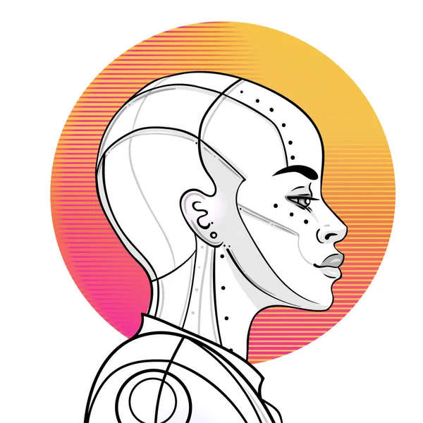 Retrato de mujer androide robot en estilo futurista retro. Ilustración vectorial. de un cyborg en colores brillantes de neón brillante. plantilla de volante de onda sintética futurista. — Vector de stock