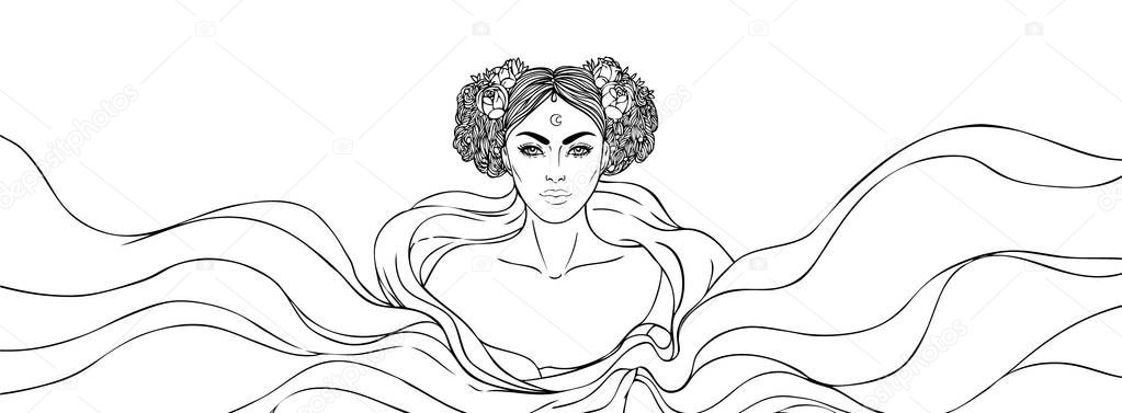 Fortune telling. young beautiful woman in mask an scarf reading an ancient book. Vector illustration.