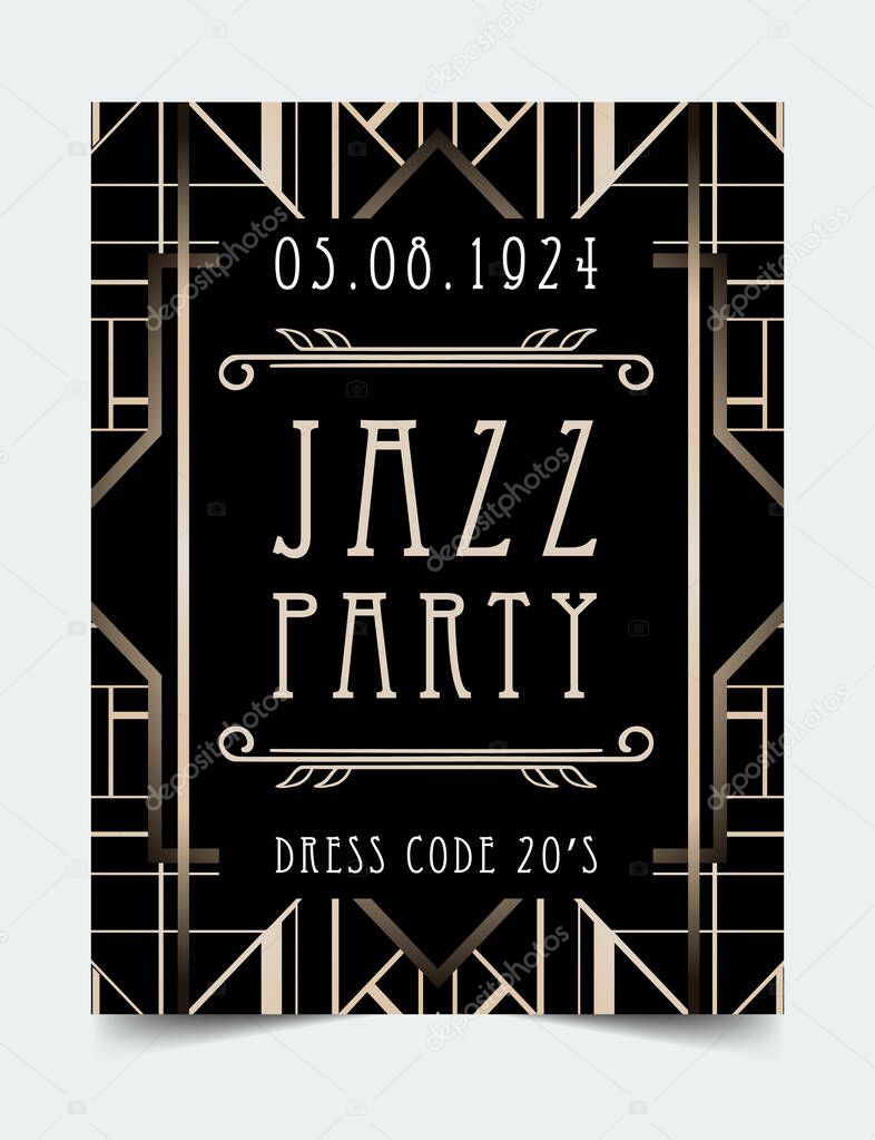 Art Deco vintage invitation template design with illustration of flapper girl. patterns and frames. Retro party background set 1920s style. Vector for glamour event, wedding, jazz party.