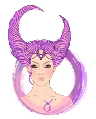 Taurus astrolojik işaretinin güzel bir kız olarak tasviri. Zodiac vektör çizimi beyaza izole edildi. Gelecek anlatımı, yıldız falı, moda kadını..