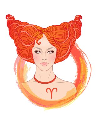 Güzel bir kız olarak Koç burcunun çizimi. Zodiac vektör çizimi beyaza izole edildi. Gelecek anlatımı, yıldız falı, maneviyat, moda kadını..