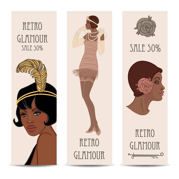 Retro mode. glamour meisje van in de twintig. Afro-Amerikaanse vrouw. Vector illustratie. Flapper jaren '20 stijl. Vintage feestuitnodiging — Stockvector