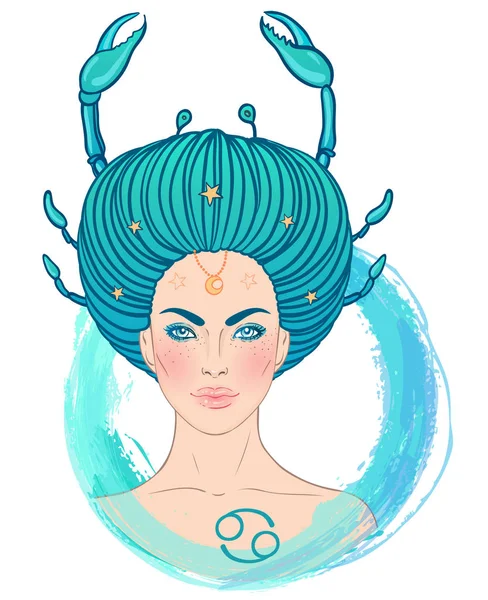 Illustration av Cancer astrologiska tecken som en vacker flicka. Zodiac vektor illustration isolerad på vitt. Framtida berättande, horoskop, modekvinna. — Stock vektor