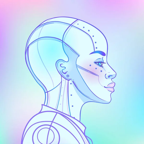 Retrato de mujer androide robot en estilo futurista retro. Ilustración vectorial. de un cyborg en colores brillantes de neón brillante. plantilla de volante de onda sintética futurista. — Archivo Imágenes Vectoriales