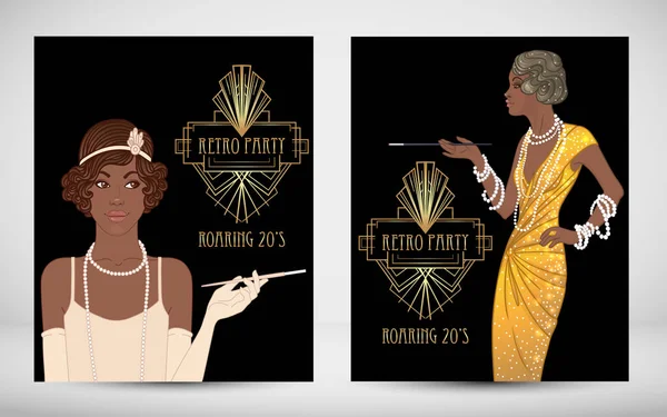 Moda retro. Wytworna dwudziestolatka. Afroamerykanka. Ilustracja wektora. Styl lat 20-tych. Wzór zaproszenia Vintage Party Design. Fancy czarny lady. — Wektor stockowy