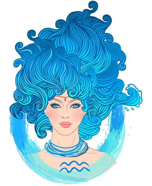 Illustratie van Aquarius astrologisch teken als een mooi meisje. Dierenriem vector illustratie geïsoleerd op wit. Toekomst vertellen, horoscoop, mode vrouw. — Stockvector