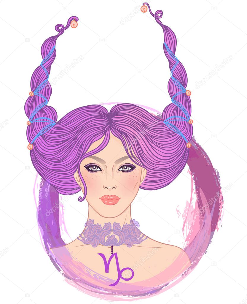 Illustration of Capricorn astrological sign as a beautiful girl. Zodiac vector illustration isolated on white. Future telling, horoscope, fashion woman.