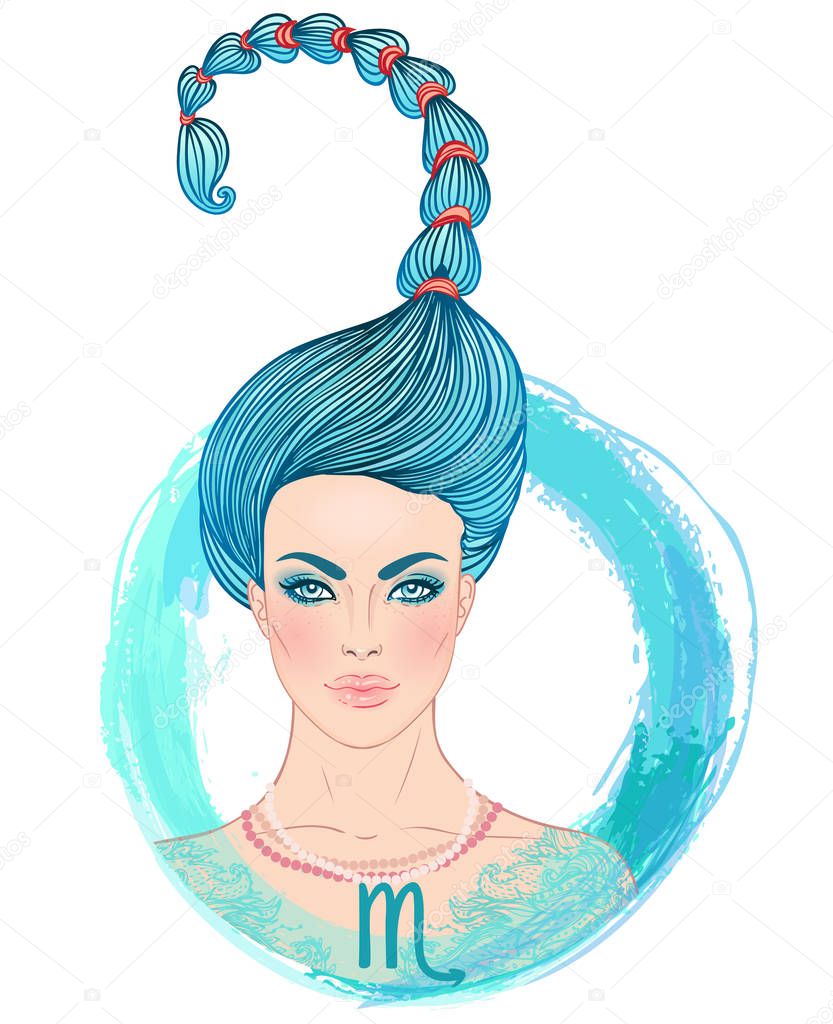 Illustration of Scorpio astrological sign as a beautiful girl. Zodiac vector illustration isolated on white. Future telling, horoscope, fashion woman.