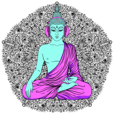 Buda renkli neon arkaplan üzerinde. Vektör çizimi. Psikedelik mantar bileşimi. Hint, Budizm, Ruhani Dövme, yoga, maneviyat. Etiket, yama, 60 'ların hippi renkli sanatı..