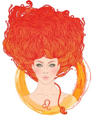 Leo astrolojik işaretinin güzel bir kız olarak resmedilmiş hali. Zodiac vektör çizimi beyaza izole edildi. Gelecek anlatımı, yıldız falı, moda kadını..