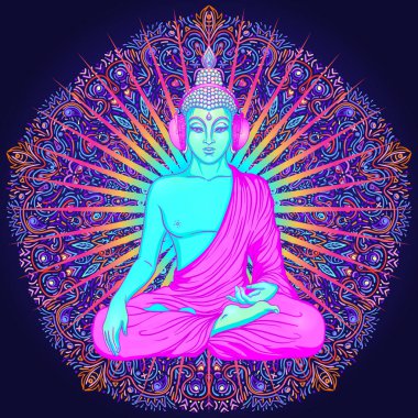 Buda renkli neon arkaplan üzerinde. Vektör çizimi. Psikedelik mantar bileşimi. Hint, Budizm, Ruhani Dövme, yoga, maneviyat. Etiket, yama, 60 'ların hippi renkli sanatı..