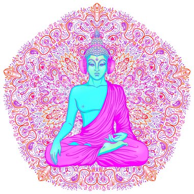 Buda renkli neon arkaplan üzerinde. Vektör çizimi. Psikedelik mantar bileşimi. Hint, Budizm, Ruhani Dövme, yoga, maneviyat. Etiket, yama, 60 'ların hippi renkli sanatı..