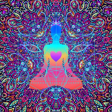 Buda renkli neon arkaplan üzerinde. Vektör çizimi. Psikedelik mantar bileşimi. Hint, Budizm, Ruhani Dövme, yoga, maneviyat. Etiket, yama, 60 'ların hippi renkli sanatı..