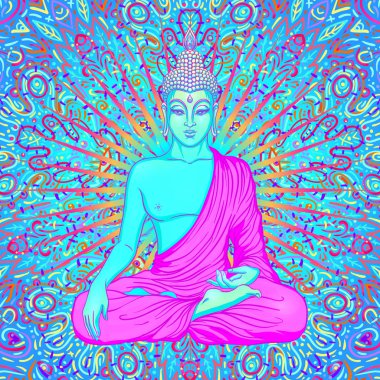 Buda renkli neon arkaplan üzerinde. Vektör çizimi. Psikedelik mantar bileşimi. Hint, Budizm, Ruhani Dövme, yoga, maneviyat. Etiket, yama, 60 'ların hippi renkli sanatı..
