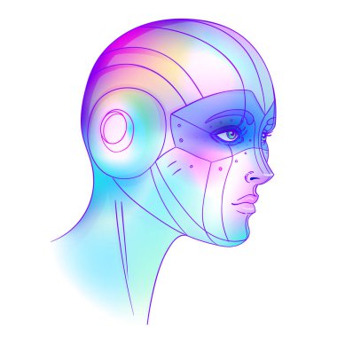 Robot android kadın portresi. Geçmişe dönük fütürizm tarzında. Vektör çizimi. Parlak neon renkli bir sayborgun. 
