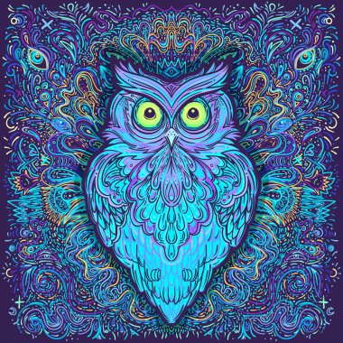 Sevimli soyut baykuş ve hayali süslemeler. Hayvan severler için karakter dövmesi tasarımı, baskı için sanat eseri, tekstil. Ayrıntılı vektör illüstrasyonu.