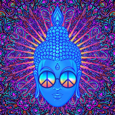 Buda renkli neon arkaplan üzerinde. Vektör çizimi. Psikedelik mantar bileşimi. Hint, Budizm, Ruhani Dövme, yoga, maneviyat. Etiket, yama, 60 'ların hippi renkli sanatı..