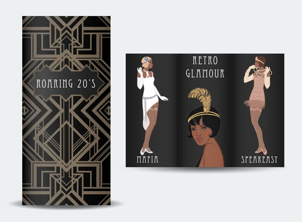 Retro mode. glamour meisje van in de twintig. Afro-Amerikaanse vrouw. Vector illustratie. Flapper jaren '20 stijl. Vintage feestuitnodiging — Stockvector