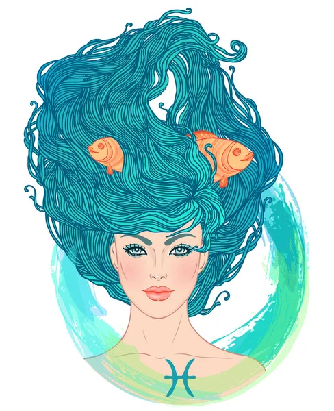 Illustratie van Vissen astrologisch teken als een mooi meisje. Dierenriem vector illustratie geïsoleerd op wit. Toekomst vertellen, horoscoop, mode vrouw. — Stockvector