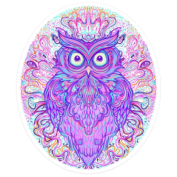 Burung hantu abstrak lucu dan pola hiasan psychedelic. Desain tato karakter untuk pecinta hewan peliharaan, karya seni untuk cetak, tekstil. Ilustrasi vektor terrinci . - Stok Vektor