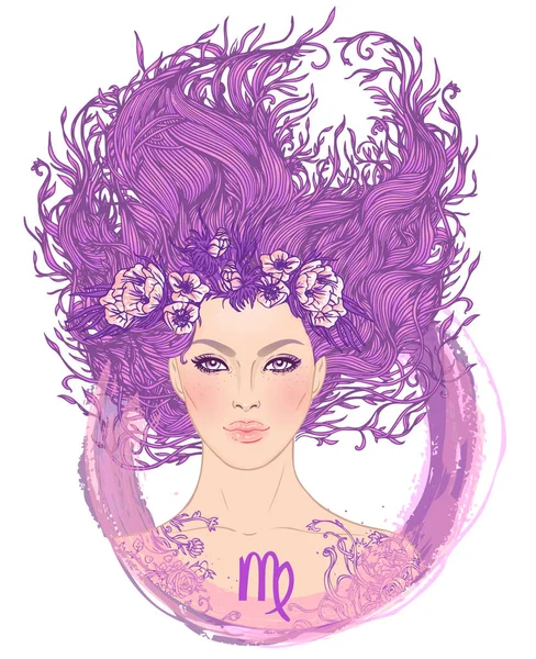 Ilustración de Virgo signo astrológico como una chica hermosa. Ilustración vectorial del zodíaco aislada en blanco. Futuro diciendo, horóscopo, mujer de la moda . — Vector de stock