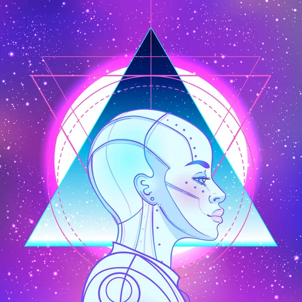 Portret van robot androïde vrouw in retro futurisme stijl. Vector illustratie. van een cyborg in gloeiende neon heldere kleuren. futuristische synth wave flyer sjabloon. — Stockvector