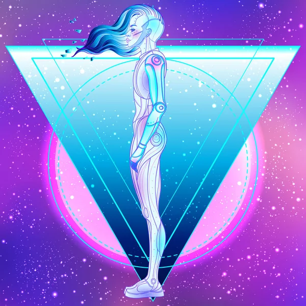 Ritratto di donna robot androide in stile futurismo retrò. Illustrazione vettoriale. di un cyborg dai colori brillanti al neon. modello futuristico di volantino onda synth. — Vettoriale Stock