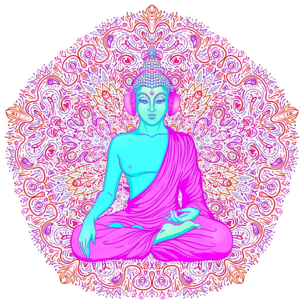 Buddha över färgglada neon bakgrund. Vektorillustration. Psykedelisk svampsammansättning. Indiska, buddhism, andlig tatuering, yoga, andlighet. Klistermärke, lapp, 60-tals hippie färgglad konst. — Stock vektor