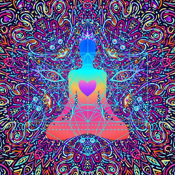 Buddha auf buntem Neonhintergrund. Vektorillustration. Psychedelische Pilzkomposition. Indianer, Buddhismus, spirituelle Tätowierung, Yoga, Spiritualität. Aufkleber, Aufnäher, 60er Hippie bunte Kunst. — Stockvektor