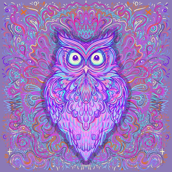 Cute abstract owl and psychedelic ornate pattern. Character tattoo design for pet lovers, artwork for print, textiles. Detailed vector illustration. — Stock Vector