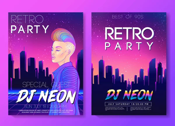 Futuristic synth wave style. Retroparty flyer template. Portrait of a young pretty androgynous woman with short shaved pixie undercut in retro futurism style. — Stock Vector