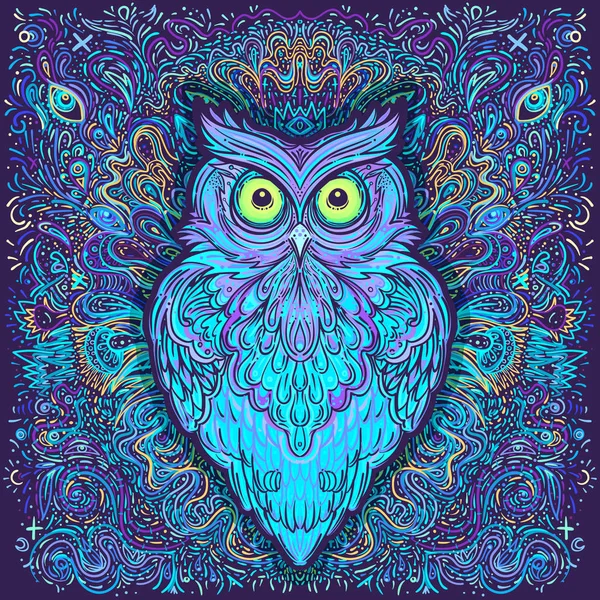 Lindo búho abstracto y patrón adornado psicodélico. Diseño de tatuaje de carácter para los amantes de las mascotas, obras de arte para imprimir, textiles. Ilustración detallada del vector . — Vector de stock